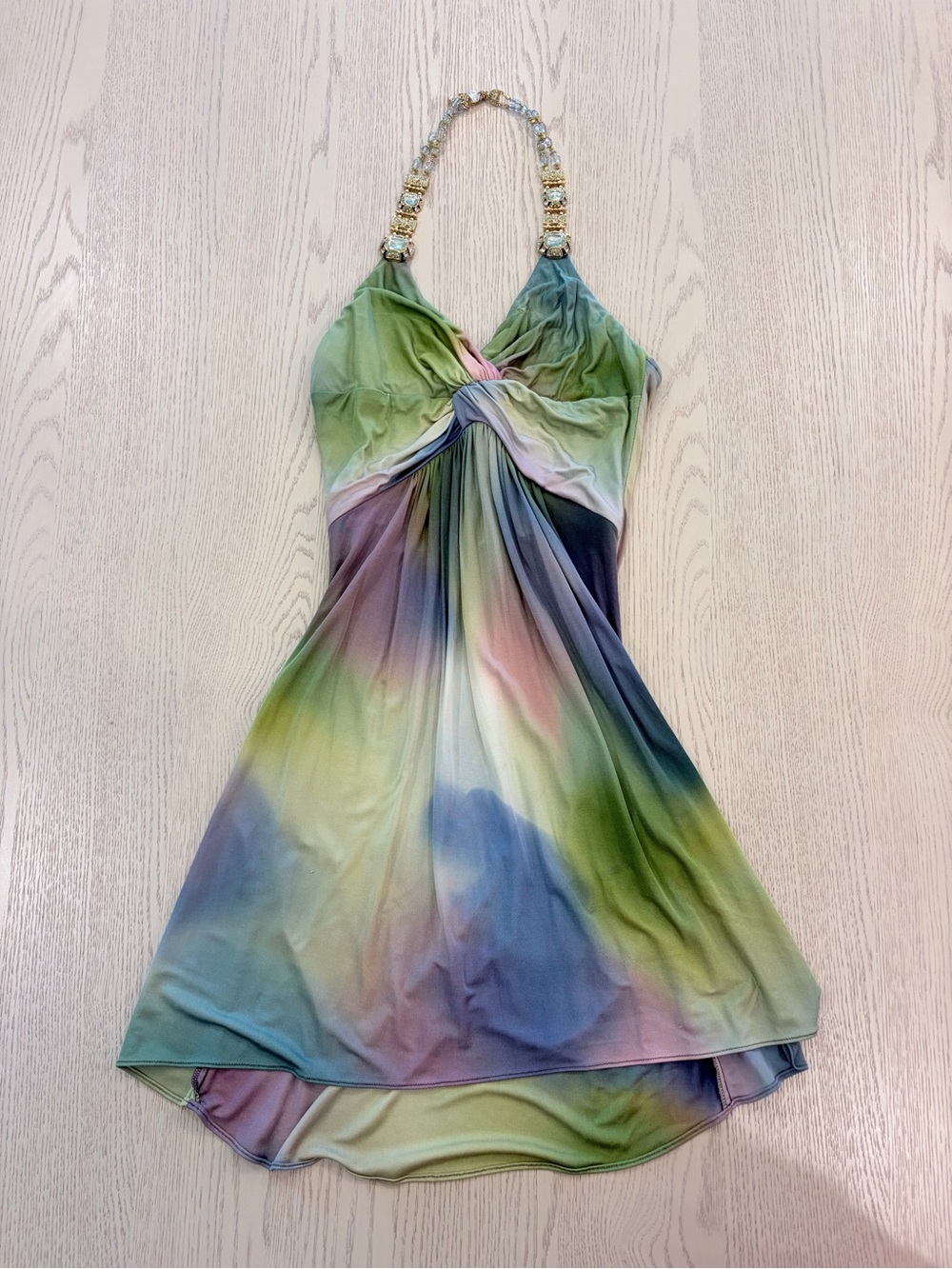 SKY Jeweled Halter Mini Dress Pastel Watercolor Twist Front Size Small
